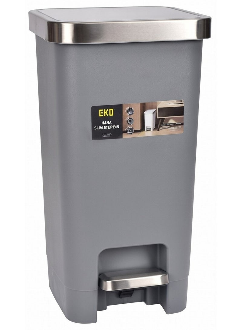 سلة مهملات بلاستيكية رفيعة من هانا، بغطاء إغلاق ناعم، رمادية اللون، سعة 10 لترات